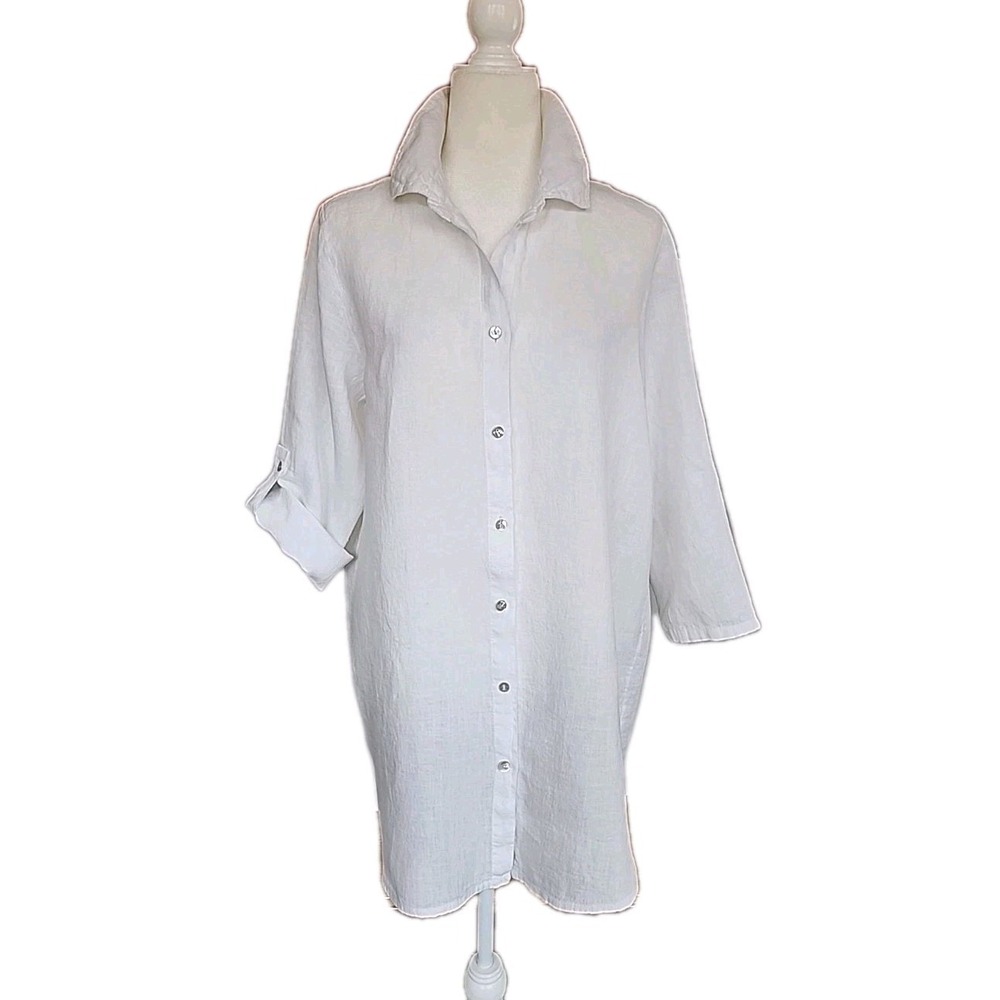 Rosemarine Womens White Linen Tunic Sz L Lagom Coastal Resort Boho Made In Italy